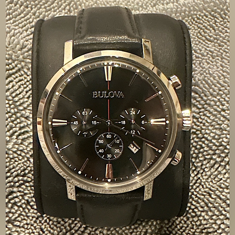 Bulova Men's Stainless Steel 6-Hand Chronograph with Black Leather Strap, 41mm